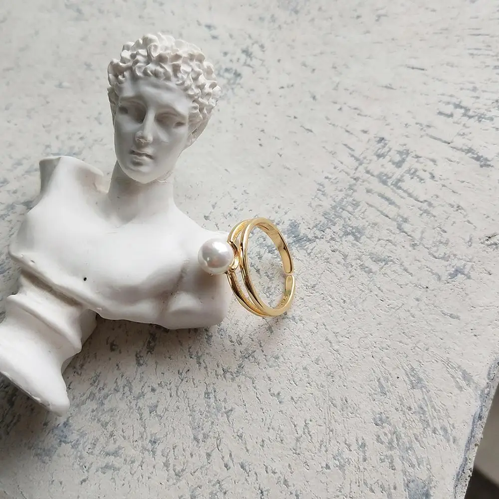 E Jewelry, 925, серебряное, элегантное, золотое, двойное кольцо для женщин, круглый жемчуг, позолота, для женщин, вечерние, элегантные кольца, ювелирное изделие