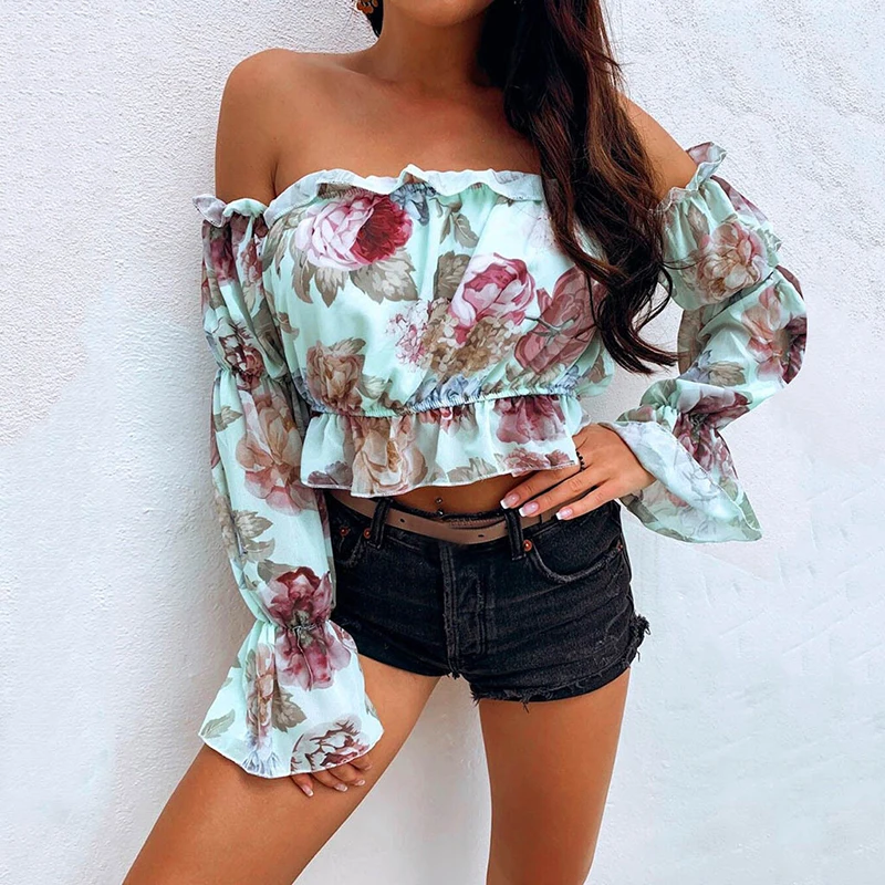 Женский короткий топ с открытыми плечами летние рубашки цветочным принтом и