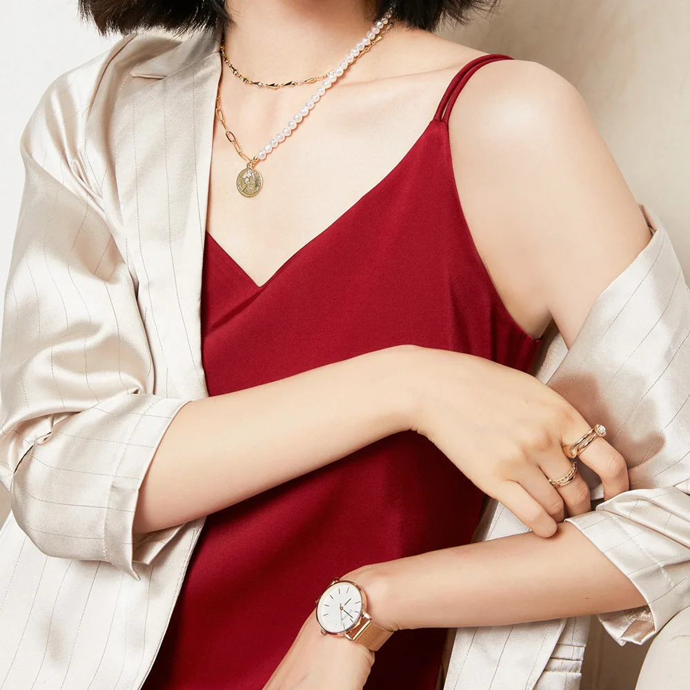 

Women Silk Tank Top Solid Sexy V-neck Long Basic Shirt Camis Dress Female Stylish Pullover