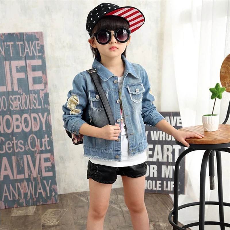 

Осенняя джинсовая куртка для девочек, детские джинсовые пальто с мультяшным рисунком, Детская верхняя одежда с блестками для малышей, одежд...