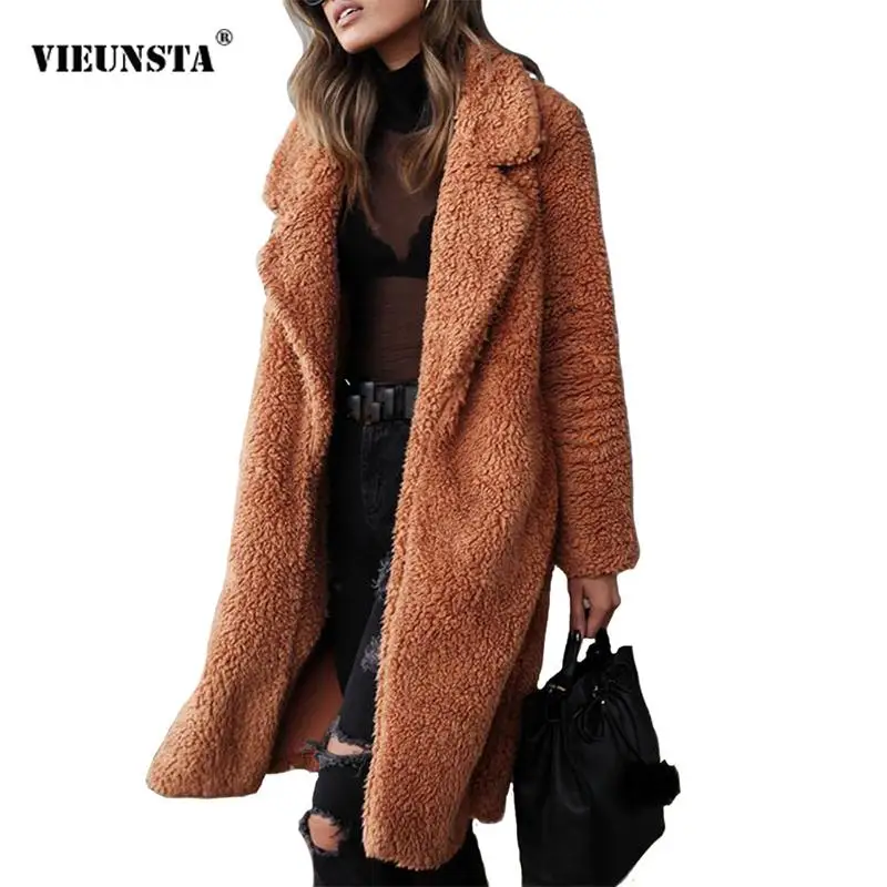 

Vintage Solid Women Fashion Plush Overcoat Winter Elegant Warm Casual Long Coats Female Elegant Lapel Loose Long Sleeve Outwears