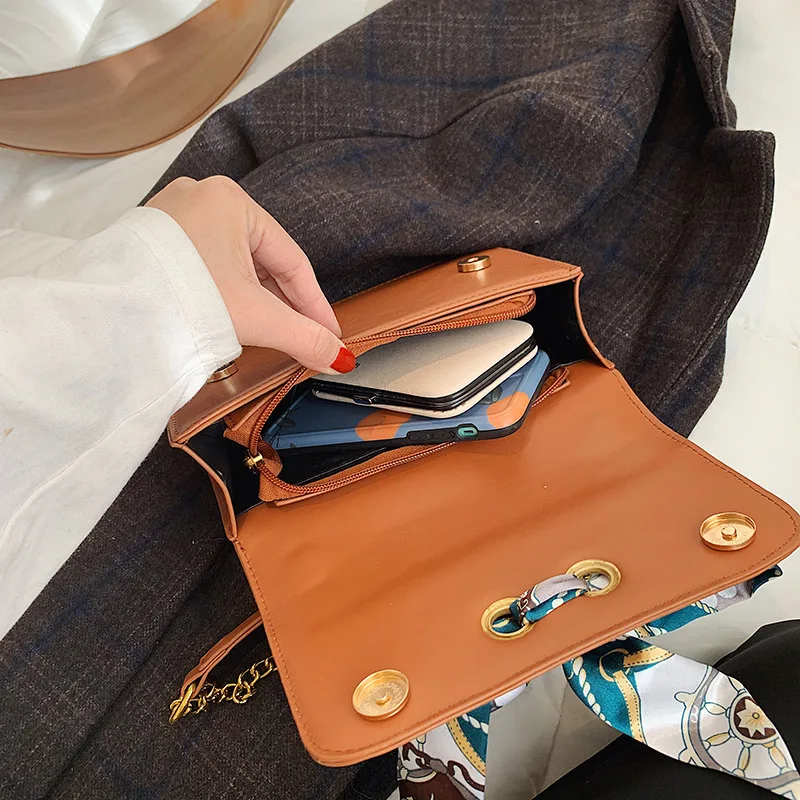 

Chain Crossbody Bags For Women 2021 PU Leather Small Flap Square Women's Bag Scarf Design Female Shoulder Bag Handbag Purse