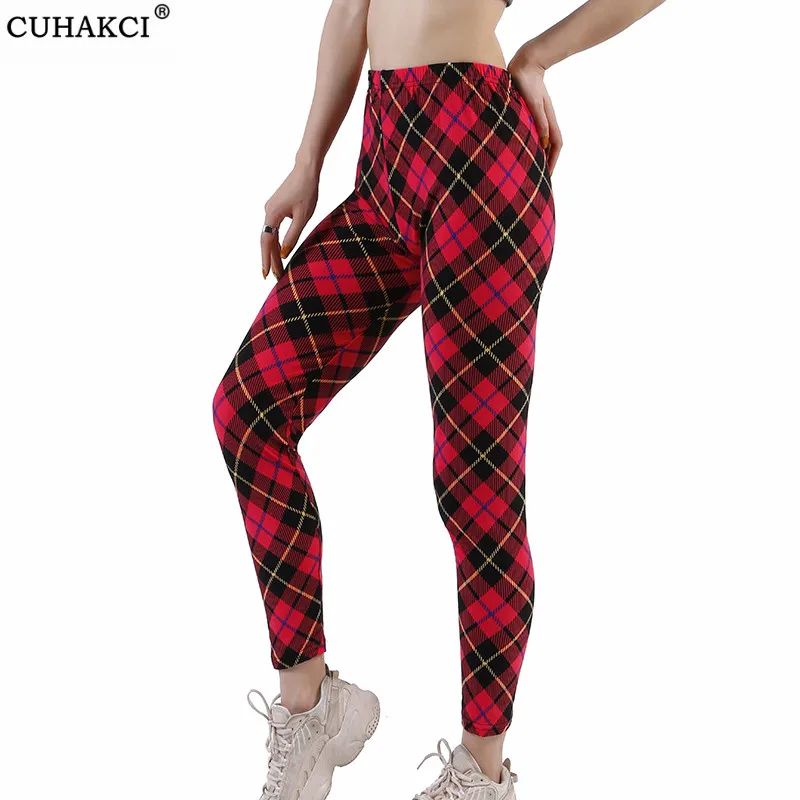 

CUHAKCI Fitness Sports Pants Slim High Waist Leggings Gym Girls Elastic Plaid Printed Leggin Running Jogging