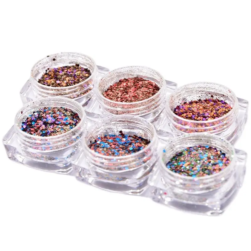 

6 Color Glitter Nail Art Acrylic Nails Powder, Mixed Polish Chunky Sequins Iridescent Flakes Ultra-thin Paillette Sparkles sets