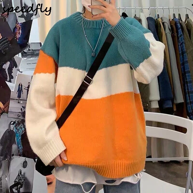 

Sweater Men Streetwear Hip Hop Autumn Pull Spandex O-neck Oversize Couple 2021 Stitching Male Tops Vintage Knittwear Sweaters