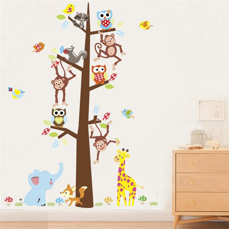 

Cute Animal Big Tree Wall Stickers For Kids Room Bedroom Kindergarten Home Decoration Giraffe Cartoon Safari Mural Art Decals