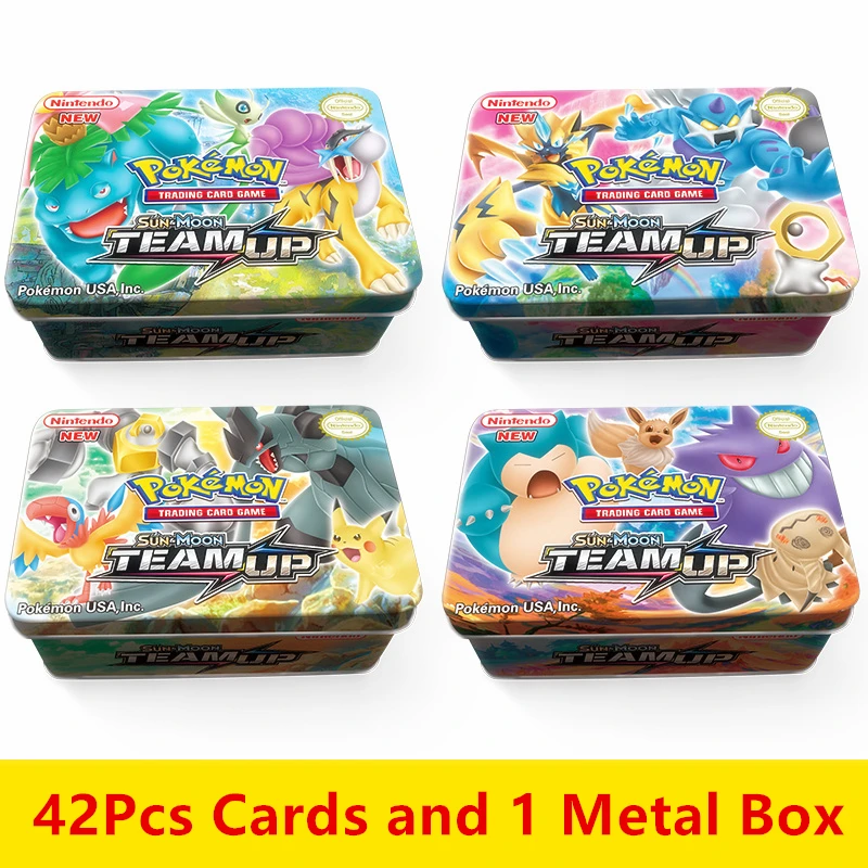 

Anime 42pcs/Set Cards Pokemon Iron Metal Box TAKARA TOMY Toys Battle Game Snorlax Gengar Eevee Cartoon Kids Christmas Gifts