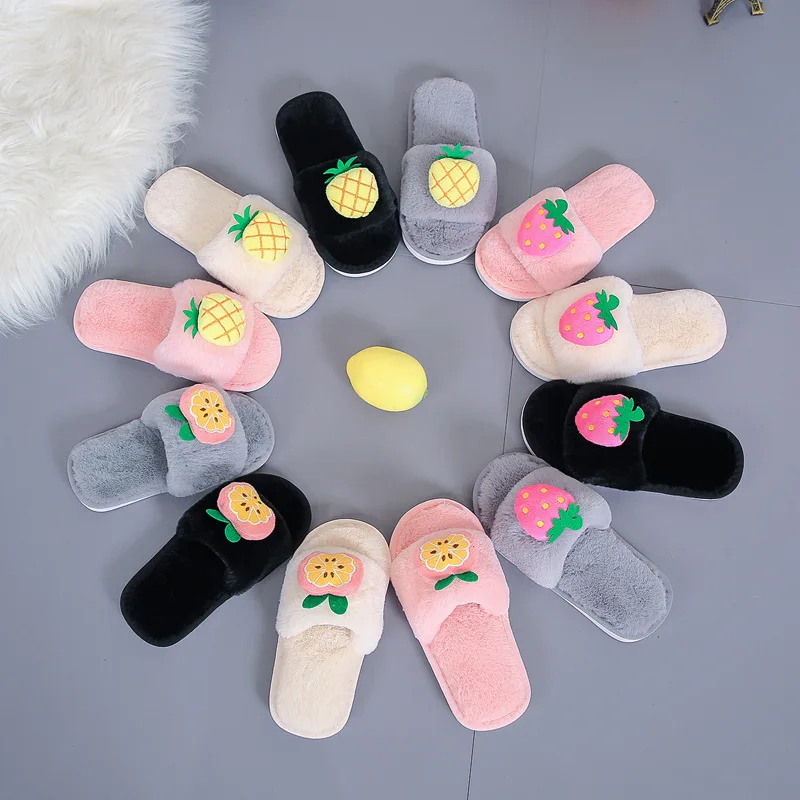 

Women Men Winter New Year Parent-child Mao Mao Slippers Home Indoor Outdoor Cute Fruit Word Floor Plush Cotton Slippers Warm