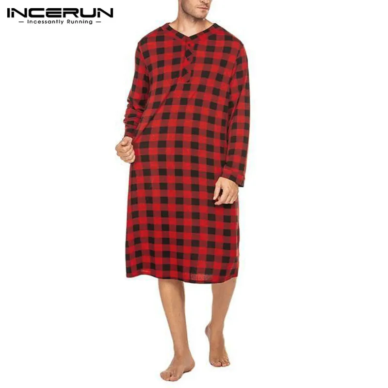 2021 New Men Plaid Sleep Robes Sleepwear Fashion Soft Loose Long Sleeve V Neck Button Nightgowns Casual Pajamas INCERUN | Мужская одежда