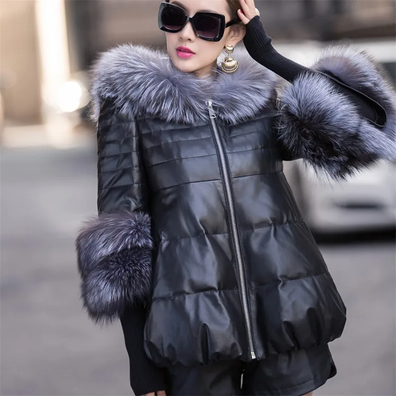 Women Fashion Top Pu Leather New Female Short Imitation Fox Wool Sheep Fur Hooded Coat Faux Fur Jacket Luxury Female Outerwear