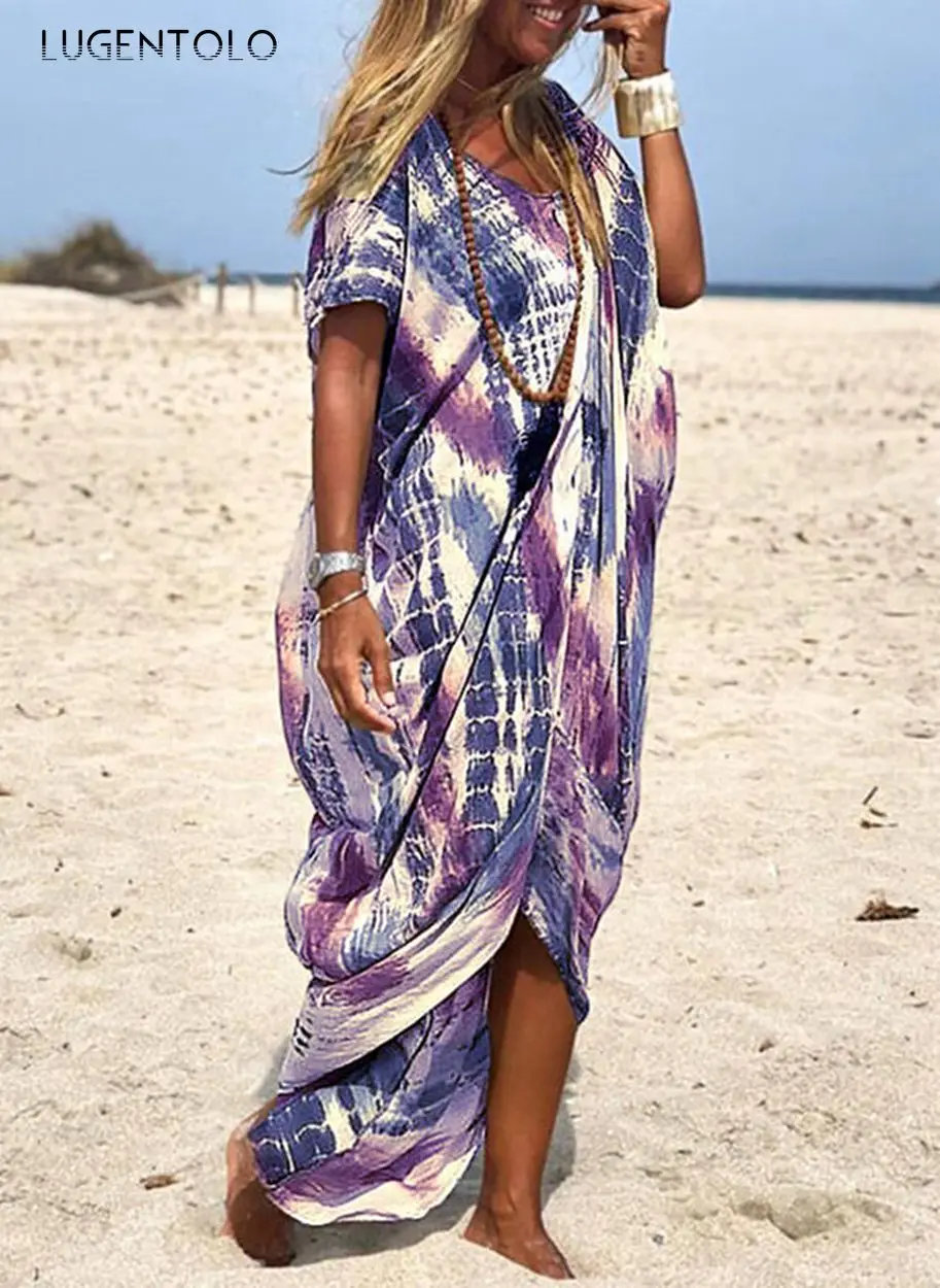 

Summer Dress Women Casual Short Sleeve Loose Beach Loose Print O-neck Thin Mid Waist Female Fashion Long Dress Lugentolo