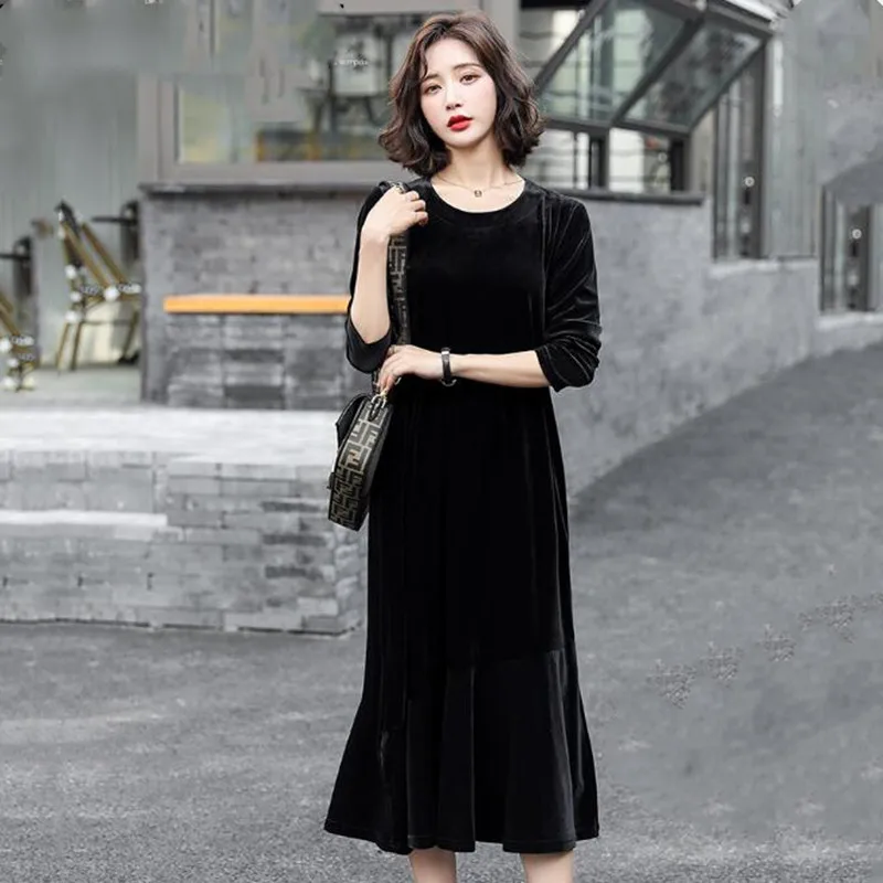 Модное весеннее женское бархатное платье с длинным рукавом Осеннее вечернее