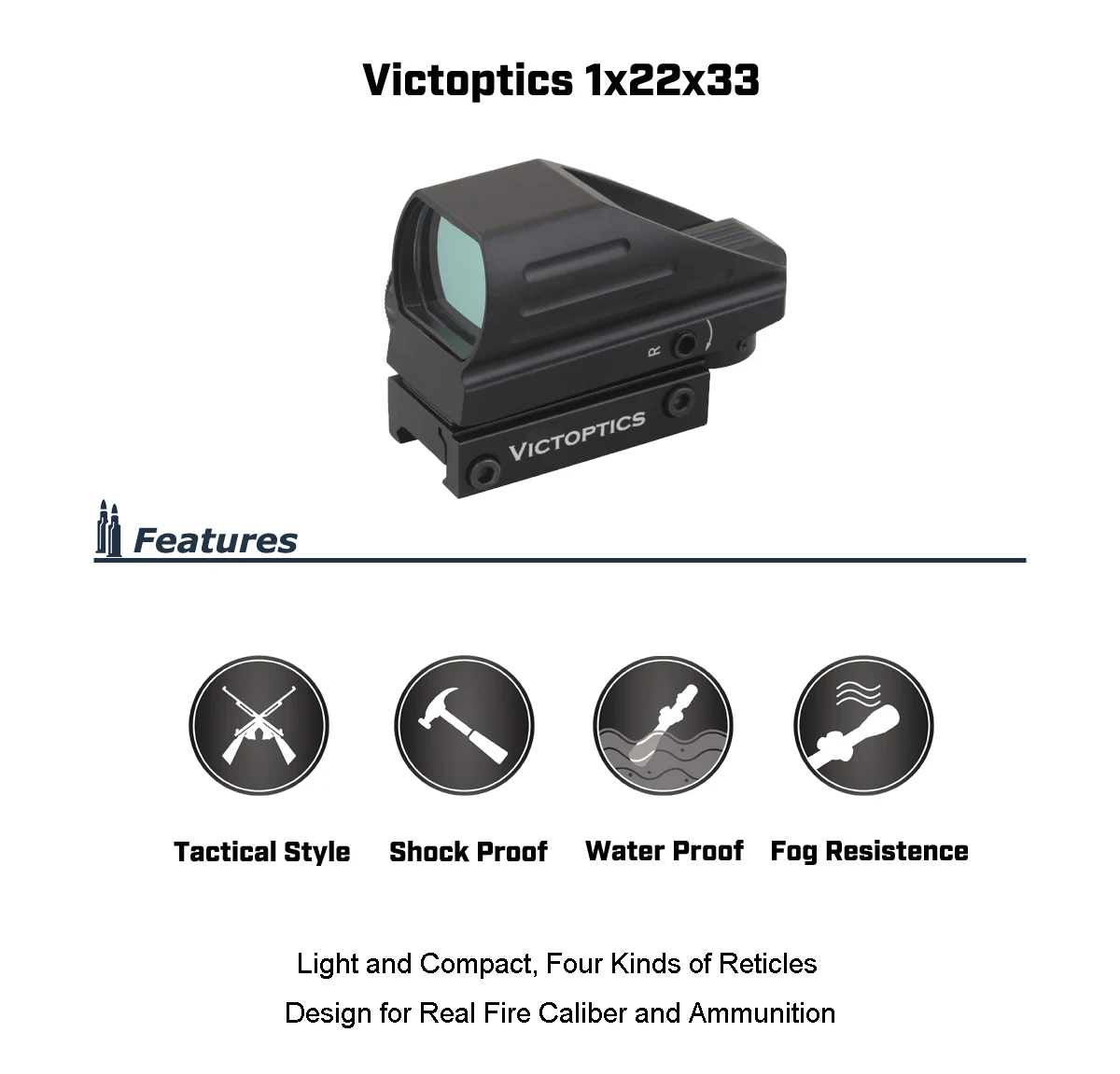 VictOptics 1x22x33 охотничий компактный прицел с красной точкой четыре сетки ударопрочный для настоящего оружия и страйкбола