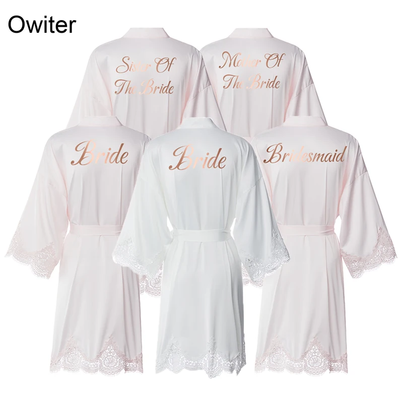 

Owiter 2020 New Matt Satin Lace Robe Bride Robe Bridesmaid Robes Women Wedding Robe Gift Bathrobe Kimono Sleepwear Pink