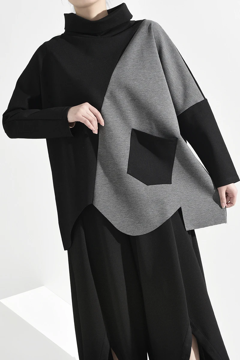 [EAM Женская Асимметричная футболка контрастного цвета с разрезом большого размера Новая модная Водолазка с длинным рукавом Весна-Осень A433