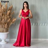 eeqasn red a line satin party dresses for bridemaid simple v neck sleeveless women prom gowns formal special occasion dress 2021