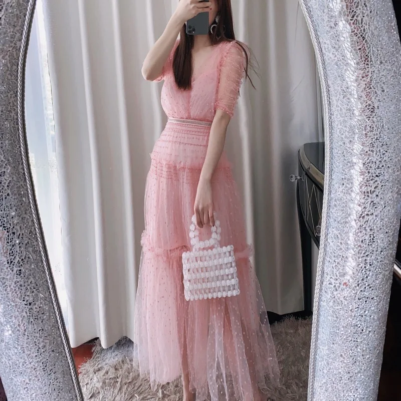

2021 new women's wear front and back V-neck sexy wave point mesh slim long dress 2-piece delivery belt