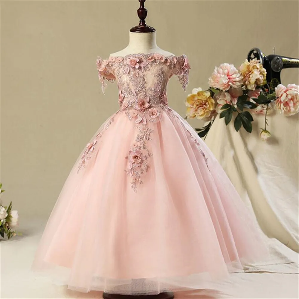 

New Off the Shoulder Flower Girl Dress Ball Gown Kids Formal Wear Girls Dresses for Wedding Beads Girls Pageant Dress
