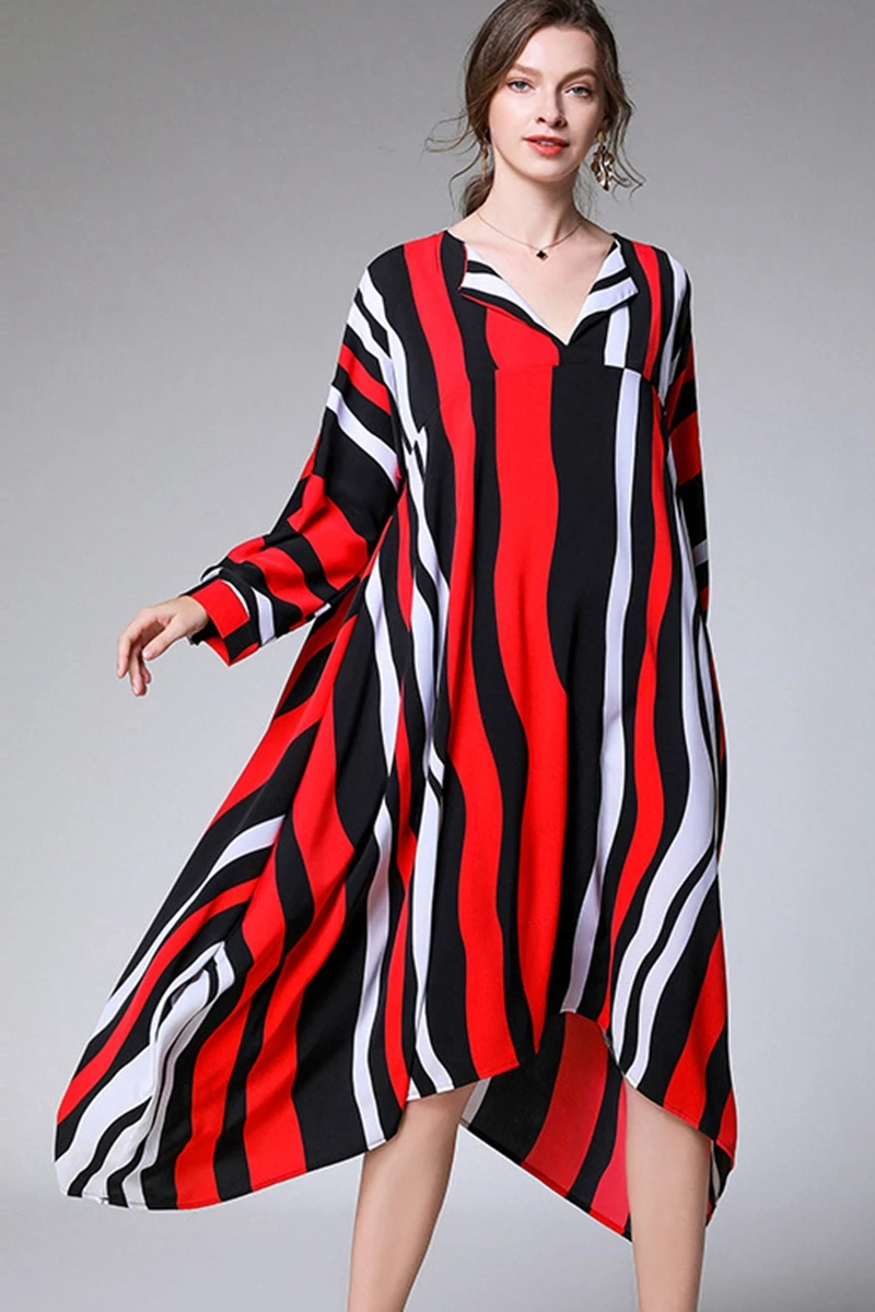 

Vintage Striped Print Plus-sized V Neck Batwing Sleeve Women Dress 2020 Autumn New Loose Art Dresses