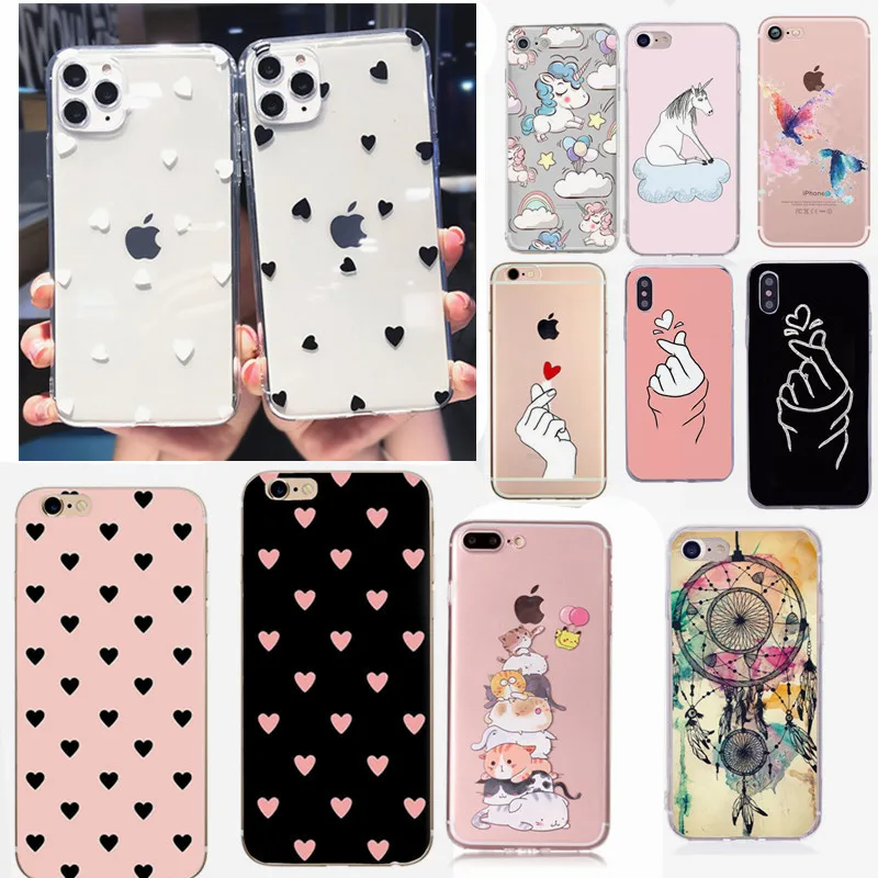 Heart Mobile Phone Case for iPhone 6 6s 7 8 Plus 5 5s SE X  XS Flamingo Love Element Style Case for Girls Female Soft Back Cover