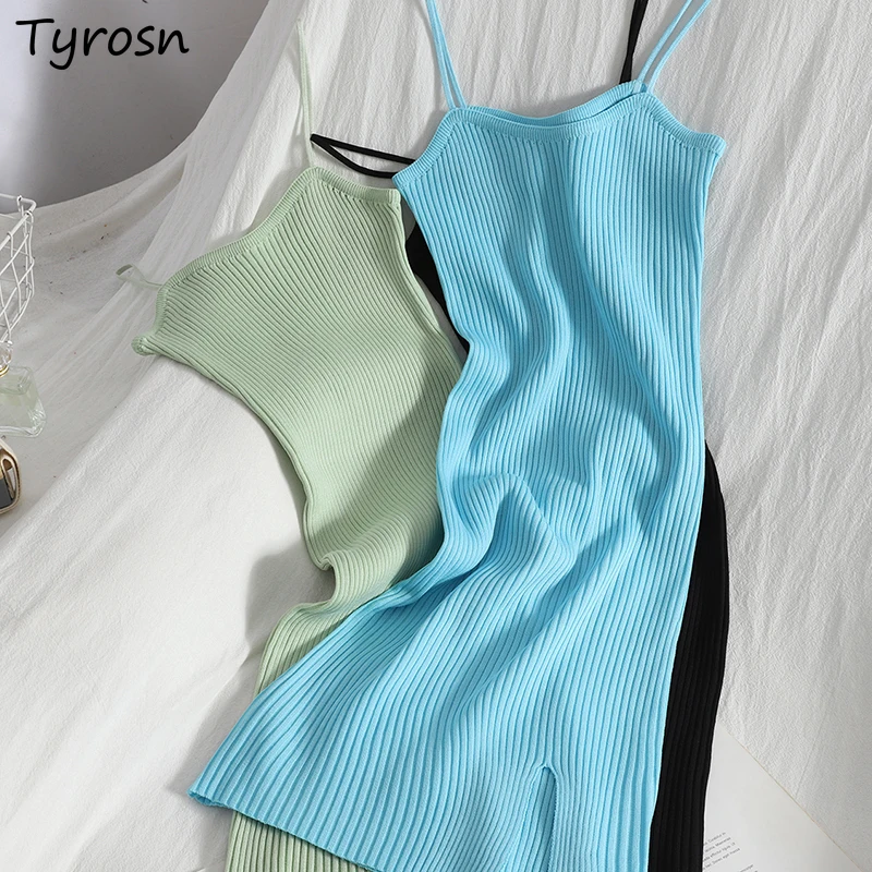 

Slim Fit Sleeveless Dress Women Summer Elegant Sexy Sheath Bodycon Knitted Stretchy Sundress Female Split Spaghetti Strap Solid