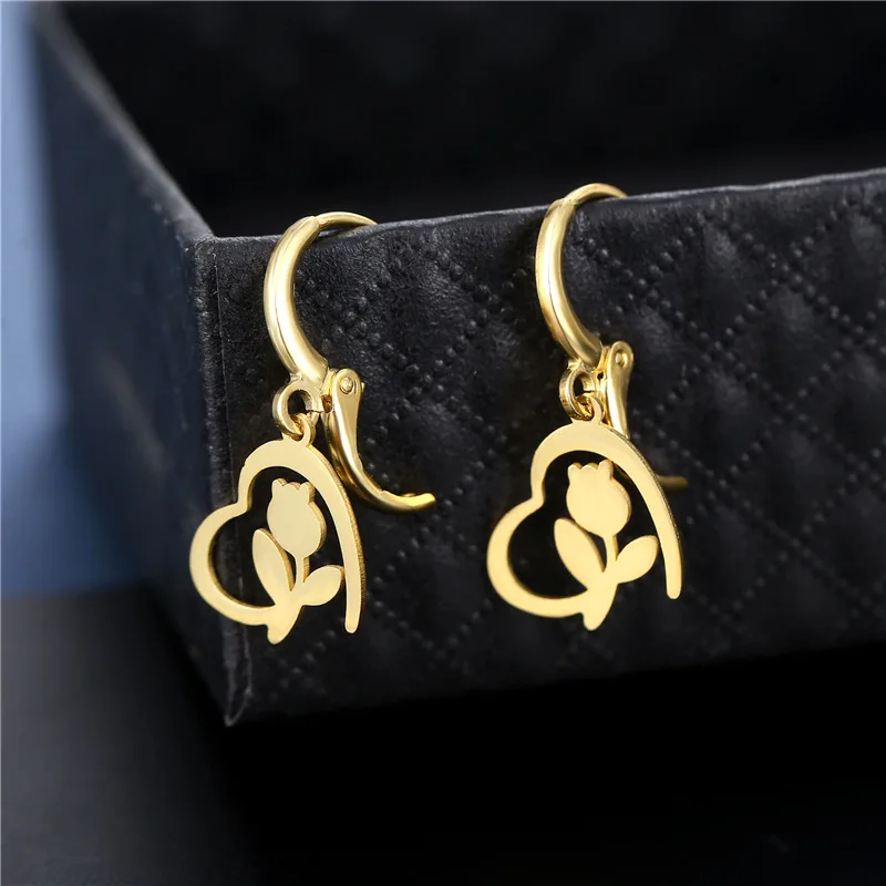 

Stainless Steel Romantic Wedding Gold Color Rose Flower Drop Earrings Cute Flower Hollow Heart Dangle Earrings for Women Femme