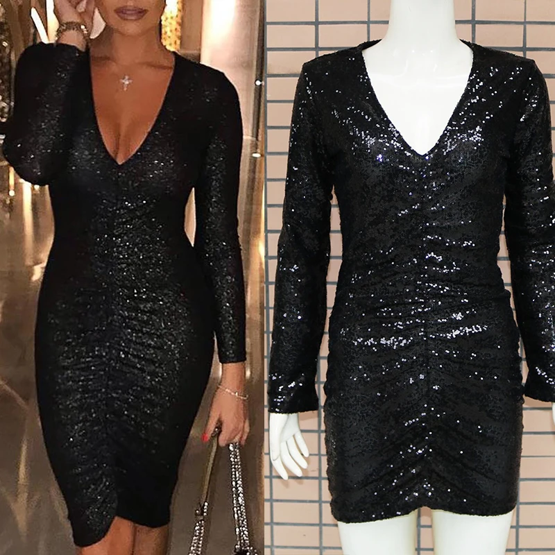 Сексуальное женское облегающее черное платье vestidos, платья для вечеринок, Украинская одежда sukienki, кружевное платье с блестками и длинным рукавом