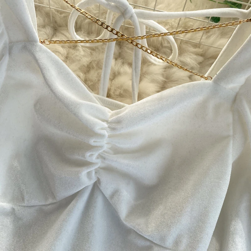 

Stylish Puff Sleeve velvet t-shirt female vintage v neck ruched crop top women fashion chain criss cross back short chic tops
