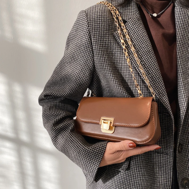 

Thick Chain PU Leather Shoulder Crossbody Bags for Women 2021 Small Handbags and Purses Female Travel Luxury Trending Purses