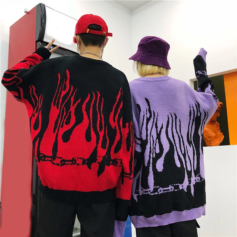 Oversize Knitted Batwing Sleeve Women's Sweater Winter Flame Print Sweaters Female Japanese Long Casual Loose Pullovers Women | Женская