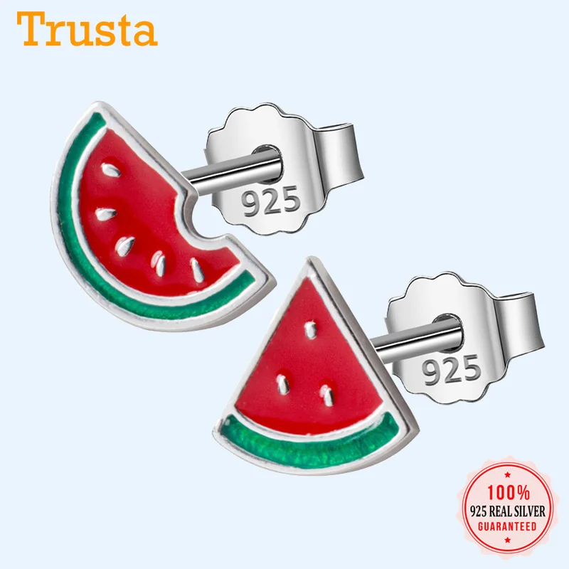 Trusta 925 ювелирные изделия из настоящего стерлингового серебра модные крошечные Асимметричные летние серьги-гвоздики с арбузом для девочек DS572
