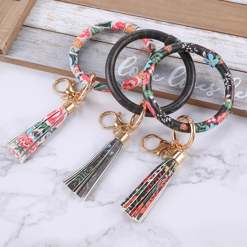 

Makersland PU Leather Keychain Bracelet Leopard Snake Leather Keyring Boho Plaid Style Round Key Keychain Wrist Strap Wholesale