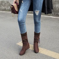 wedges womens boots 2022 winter warm high heel shoes rome style retro mid calf boots women casual botas round toe new shoe