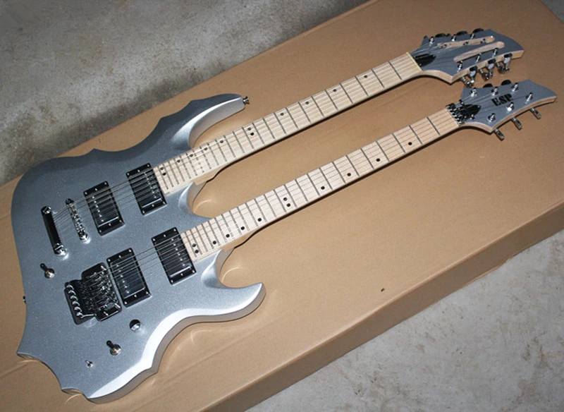 Продажа с завода-серебристая электрическая гитара двойным горлышком 12 + 6 струн