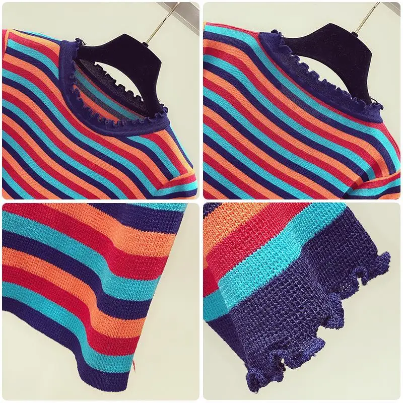 Женский облегающий вязаный свитер в радужную полоску короткий пуловер с