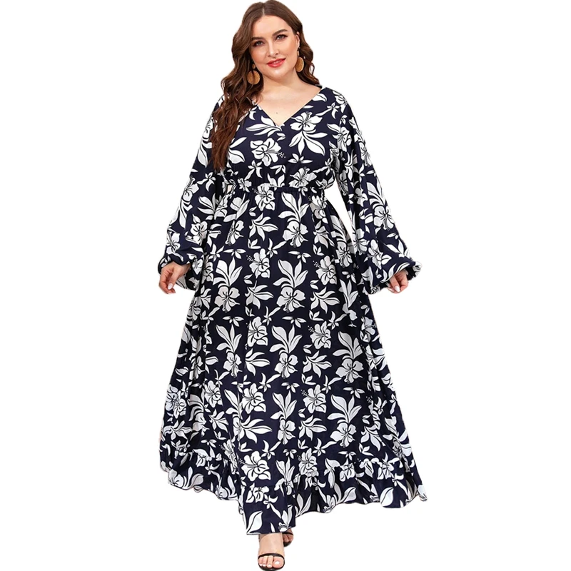 

Женское мусульманское длинное платье с v-образным вырезом и цветочным принтом размера плюс, турецкий кафтан, мусульманская одежда, арабский...