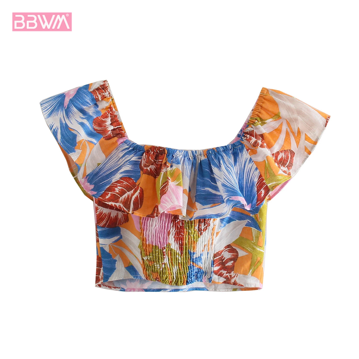 

2021 новые летние Для женщин с оборками с принтом с открытыми плечами с v-образным вырезом Топ Harajuku высокое уличный стиль Женская рубашка