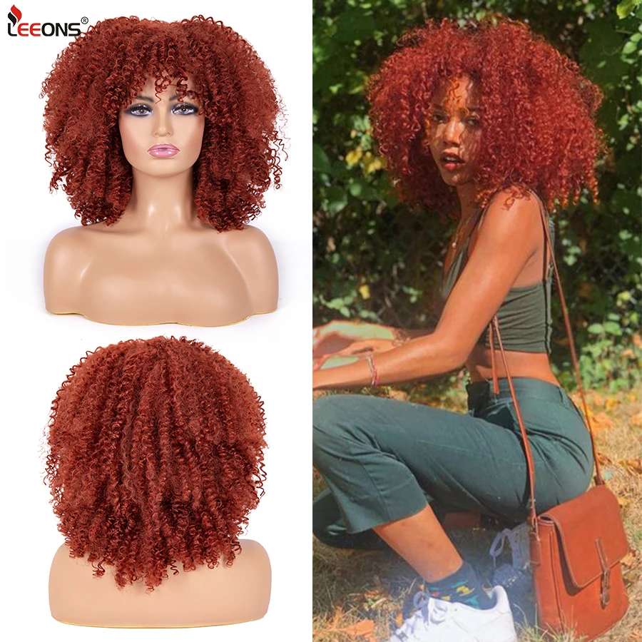 

Leeons Soft Fluffy Synthetic Curly Wigs Big Bang Short Afro Kinky Hair With Bangs Mixed Brown Blonde Glueless Wig Heat Resistant