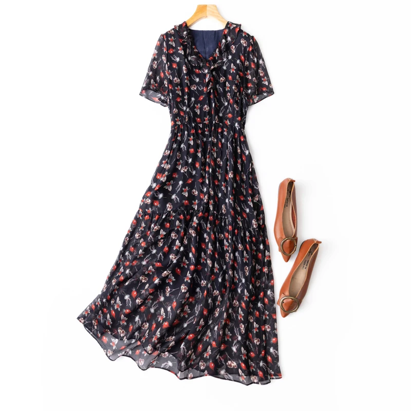 

SHUCHAN Elegant Summer Dresses Ruffles Mid-Calf Vintage V-Neck Summer Silk Print Vestido Largo Fiesta Noche Elegante Encaje