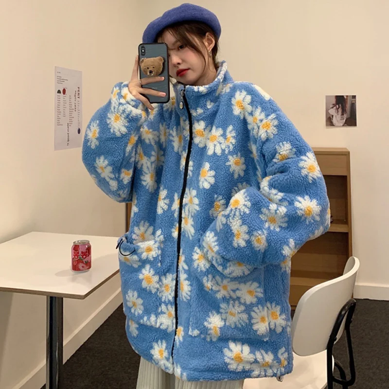 

Lamb wool coat women's winter Plush thickened loose Korean wind stand collar zipper small couple cotton padded