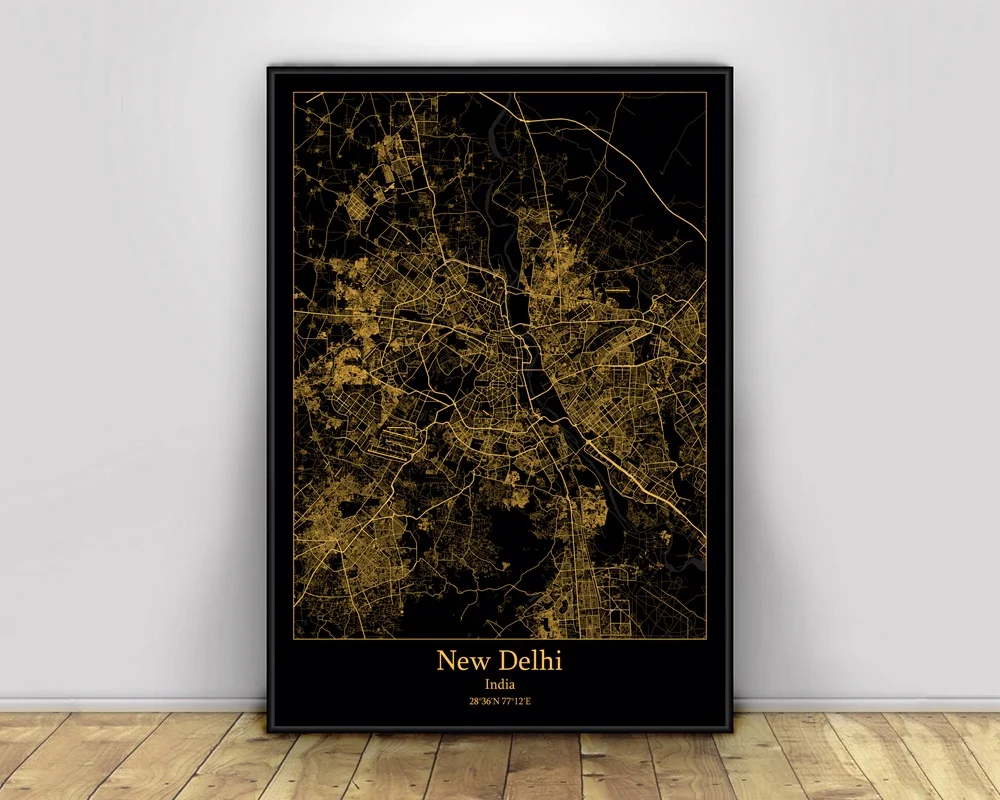 Индийские черные и Золотые легкие карты города Нью-Дели обычные настенные
