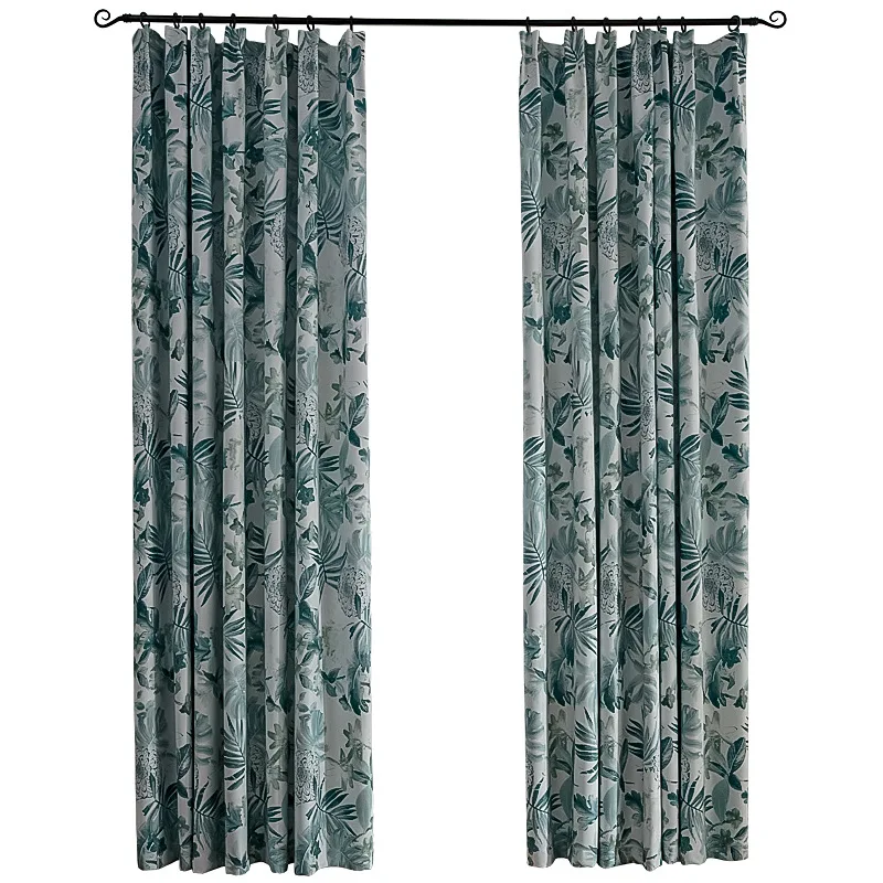 

Nordic Linen Printing Curtains for Bedroom Thickened American Linen Shade Curtains for Living Room Green Leaves