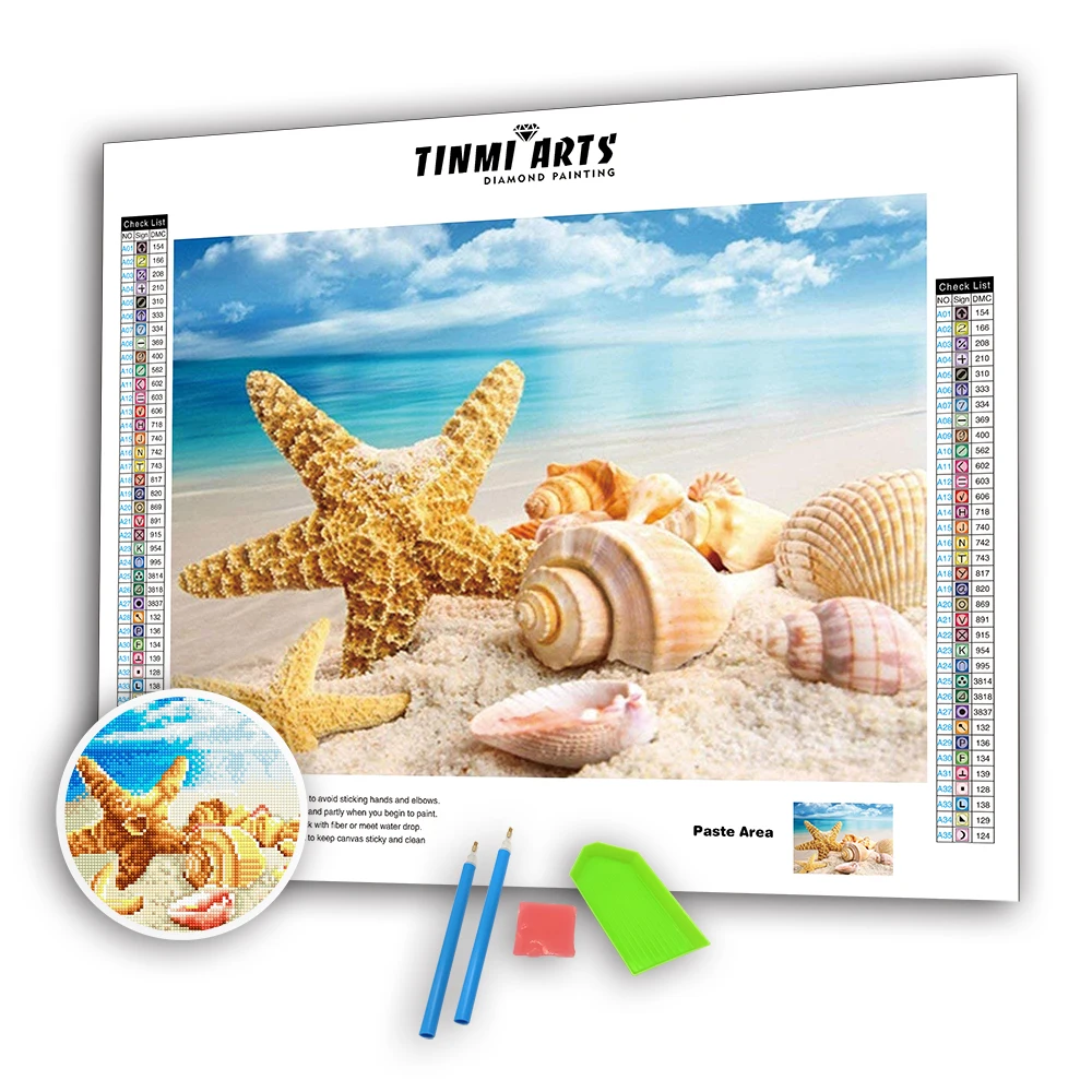 

5D DIY Poured Glue Crystal Diamond Painting Kits Scalloped Edge Sea Landscape Full Drill Round Mosaic Art Starfish Shell Decor