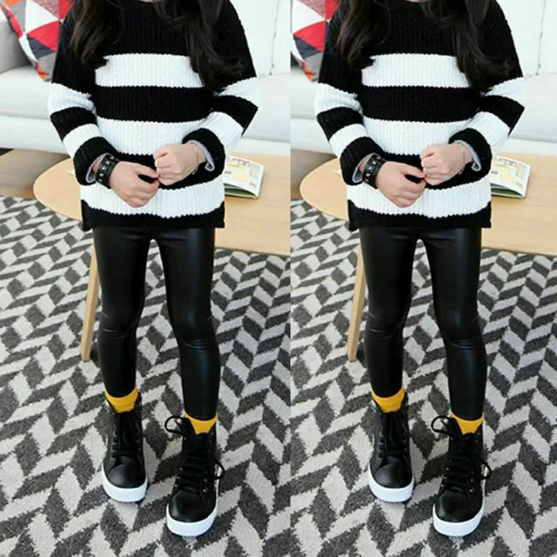 Детские эластичные леггинсы из искусственной кожи для маленьких девочек модные