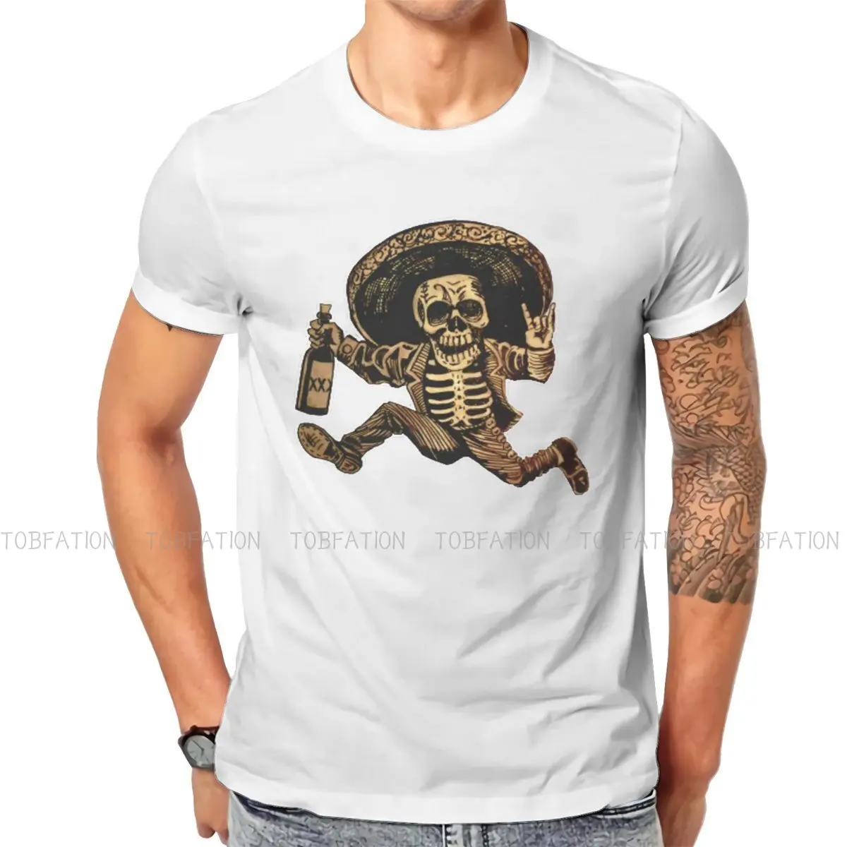 

Cool Skleton Sticker Round Collar TShirt Pure Cotton Original T Shirt Man's Clothes New Design Oversized