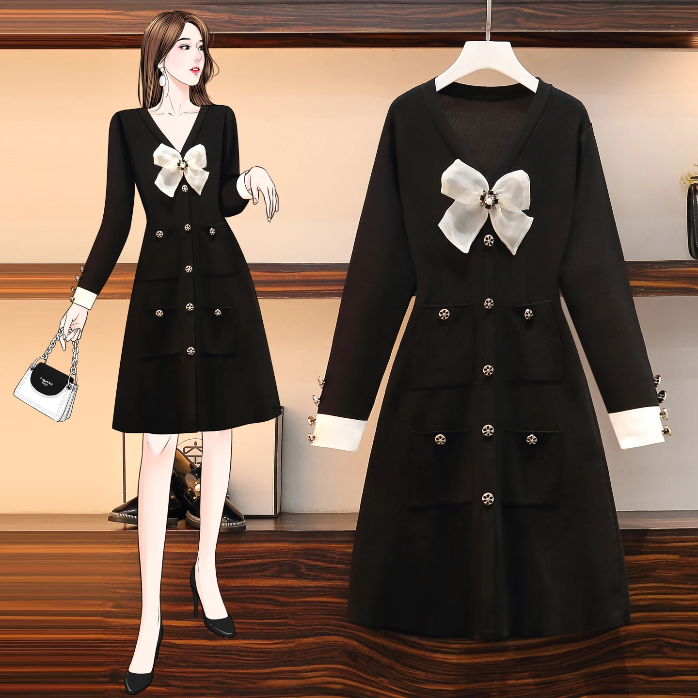 

Женское трикотажное платье-свитер JSXDHK, однобортное ТРАПЕЦИЕВИДНОЕ платье с бантом, с бриллиантами, длинным рукавом, 2021