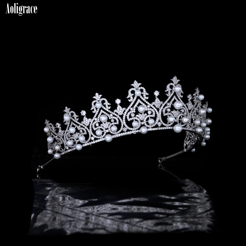 

Vintage CZ Pearls Tiaras and Crowns for Women Cubic Zirconia Royal Princess Bride Headpieces Birthday Sweet 16 Party Headwear