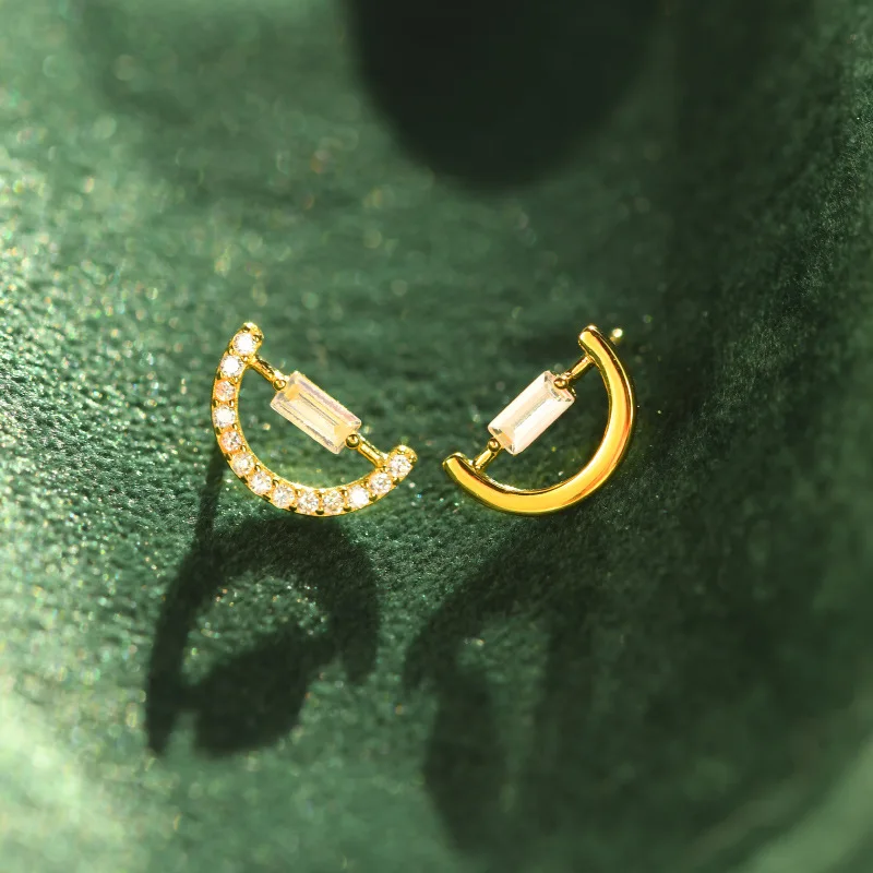 

Morivovog Sterling 925 Silver Asymmetry Semicircle Earrings for Women 5A Zircon Chic Luxury Small Stud Earrings Birthday Jewelry