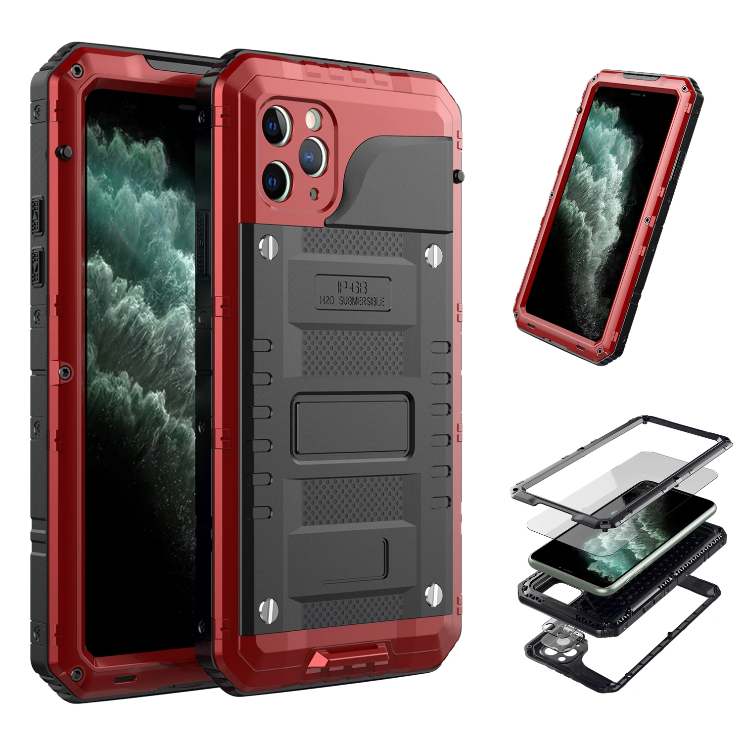 

Heavy Metal Waterproof Case For iPhone 13 12 11 Pro Tempered glass Aluminum Cover iPhone XR XS MAX 360 Full Body Shockproof Case