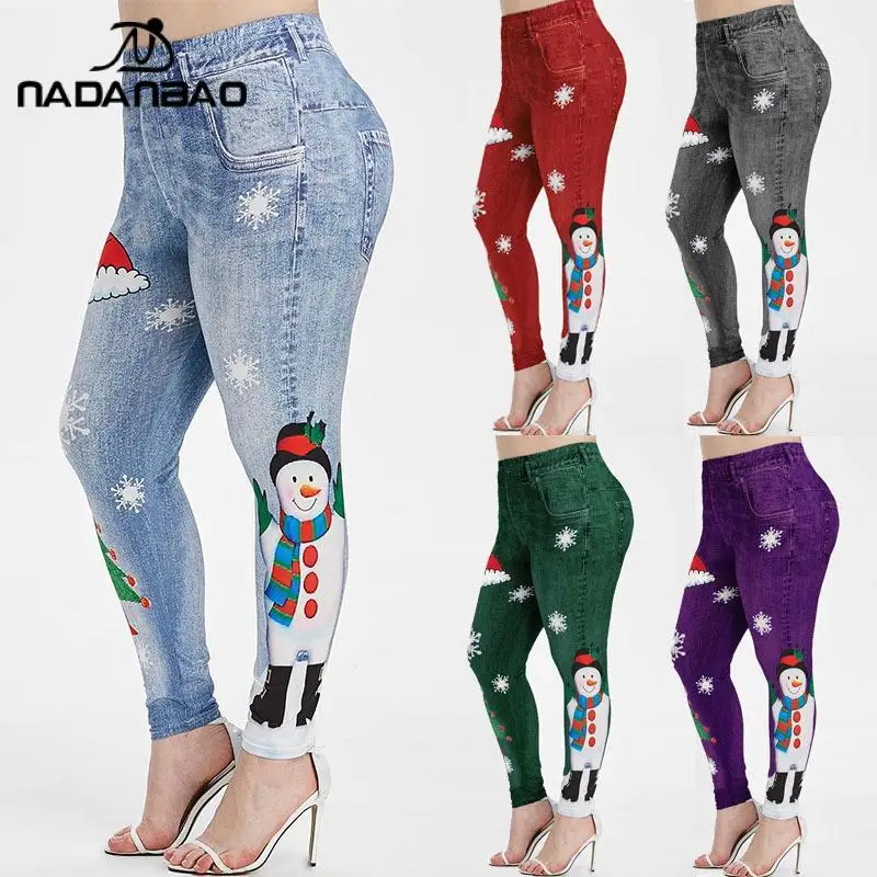 

NADANBAO Oversizes Women's Push-up Yoga Leggins 3D Jeans Christmas Snowflake Pattern Slim Tights Trousers Fitness Workout Legins